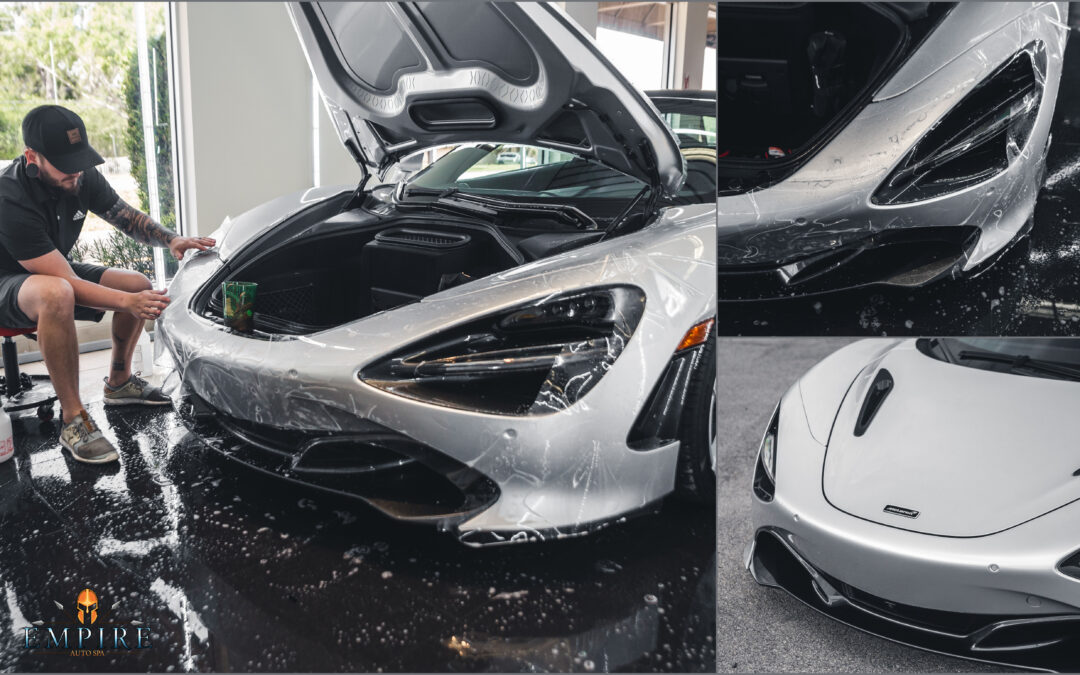 Paint Protection Film (PPF) on a McLaren 720S car. PPF is a clear, transparent film that protects the car's paint from scratches, chips, and other damage. It is a popular option for car owners who want to keep their car's paint looking new for years to come.